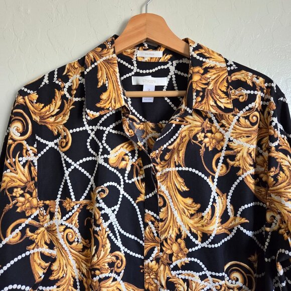 Chico's No Iron Printed Button Up Top Black/Gold Size XL 100% Cotton Long Sleeve - Picture 3 of 9